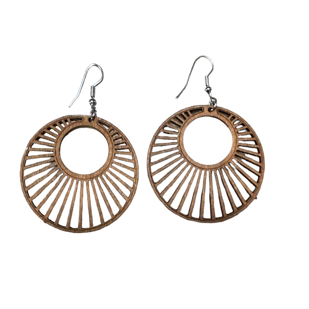 Boho Cut Wood Round Design Brown Drop Earrings